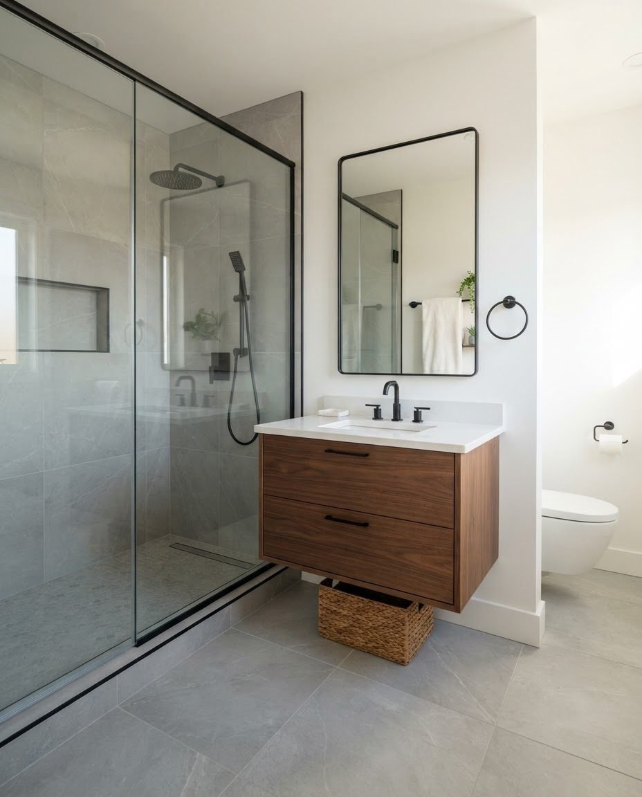 Remodeled bathroom with walk-in shower